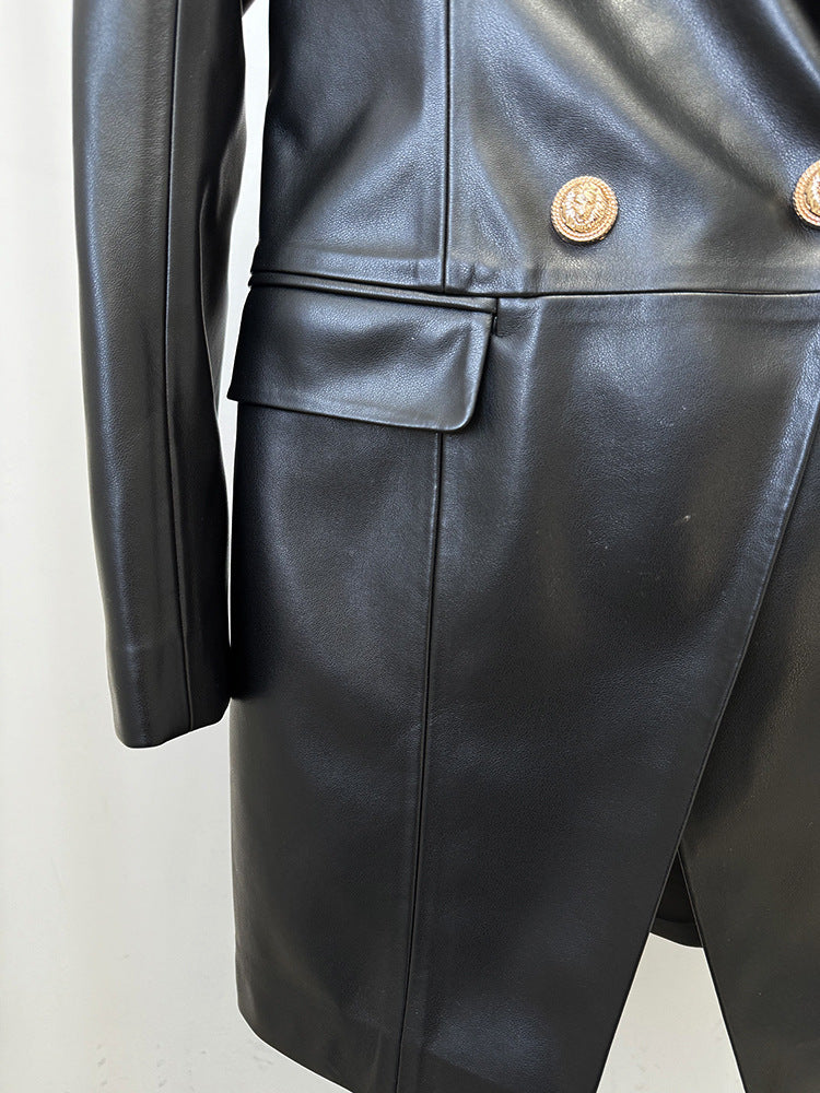 Women Slim Hip Double Breasted Faux Leather Dress - Iyanka