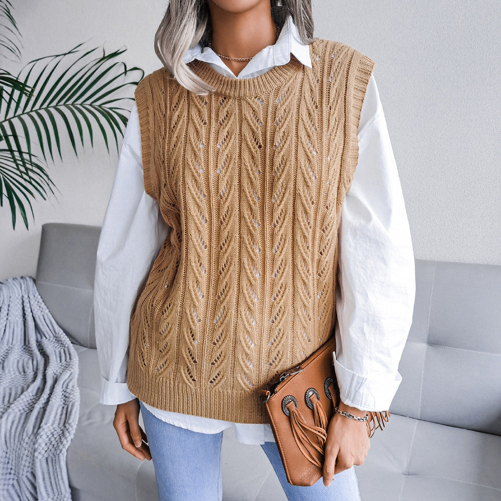 Autumn Winter round Neck Hollow Out Cutout Leaves Casual Knitted Vest Sweater Women Clothing - Iyanka
