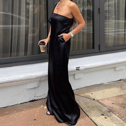 Black Sexy Tube Top Satin High Waist Loose Dress Summer Dress Women - Iyanka