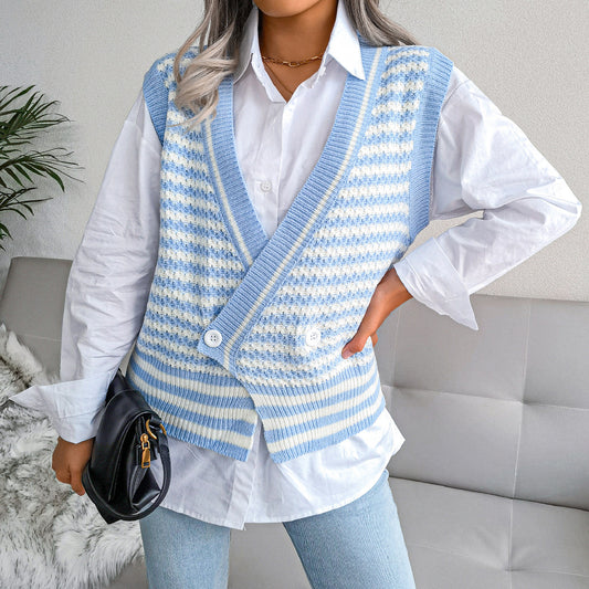 Stripe College Knitted Vest Sweater Women Clothing - Iyanka