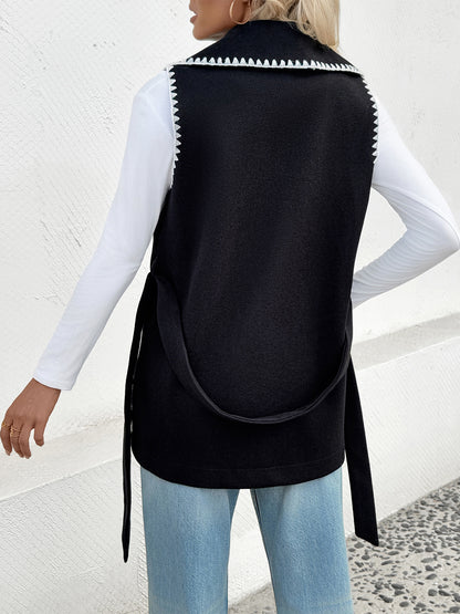 Casual Simple Lace up Cardigan Collared Contrast Color Trim Vest Coat Women - Iyanka