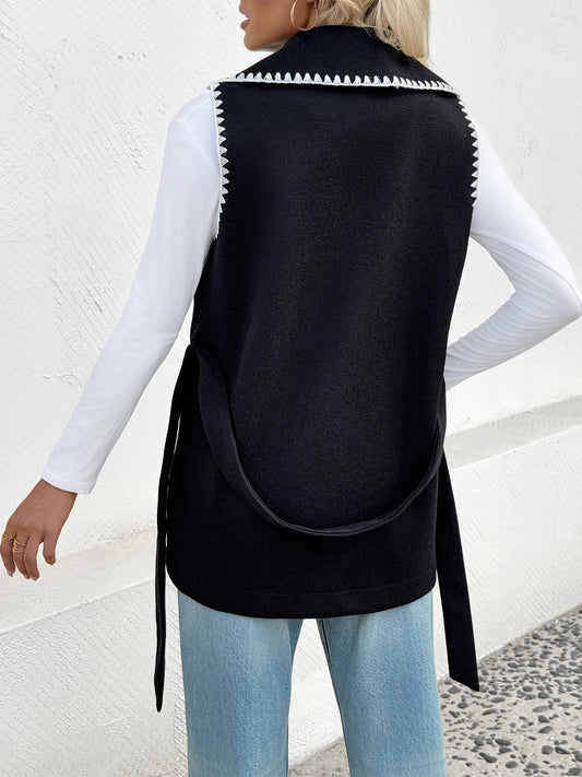 Casual Simple Lace up Cardigan Collared Contrast Color Trim Vest Coat Women - Iyanka