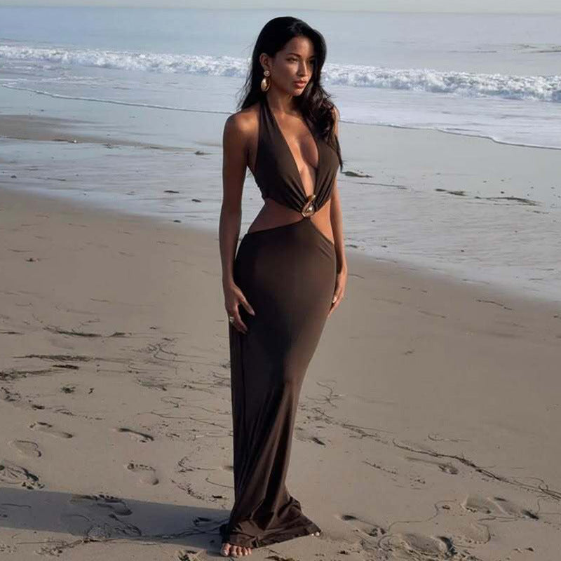 Summer Sexy Hollow Out Cutout Corset Stitching round Decoration Slim Fit Long Halter Dress