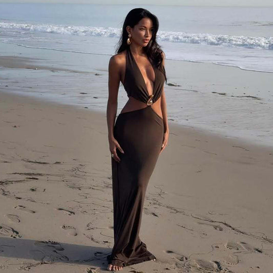 Summer Sexy Hollow Out Cutout Corset Stitching round Decoration Slim Fit Long Halter Dress