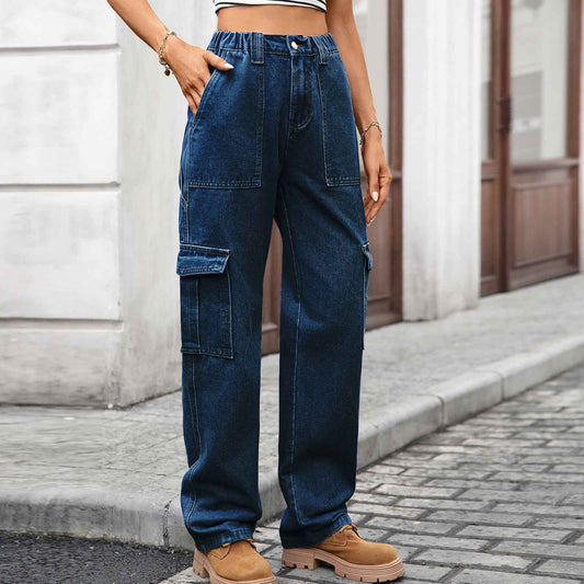 Cargo Jeans Women Autumn Winter Multi Pocket Denim Wide Leg