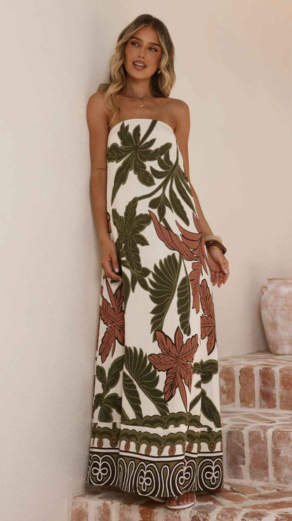 Summer Printed Maxi Dress French Vacation Sexy Bandeau Dress