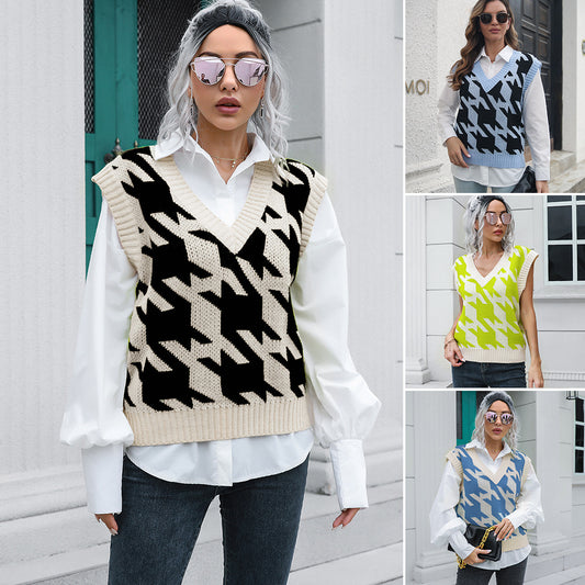 Houndstooth V-neck Vest Sweater Women Vest Outer Wear Inner Wear Autumn Winter Knitwear Sweater Boucle - Iyanka