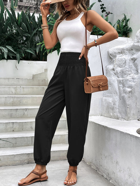 Women Clothing Elastic Waist High Waist Wide Leg Ankle Length Pants - Iyanka