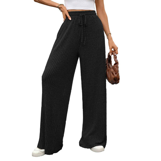 Autumn Winter Solid Color Drawstring Sunken Stripe Brushed Elastic Waist Casual Trousers