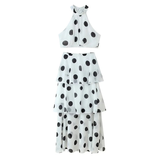 French Polka Dot Sweet Sexy Women ummer Halter Sleeveless Vest High Waist Flounced Skirt Set - Iyanka