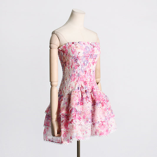 Seaside Beach Vacation Summer Tube Top Floral Print Slim Fit Ruffled Dress for Women