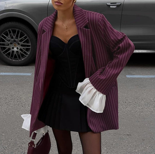 Spring Autumn Elegant Striped Blazer Women Design Lace Bell Sleeve Loose Casual - Iyanka