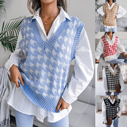 Autumn Winter V-neck Houndstooth Casual Loose Knitted Vest Sweater Waistcoat Women Clothing - Iyanka