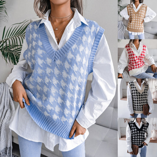 Autumn Winter V-neck Houndstooth Casual Loose Knitted Vest Sweater Waistcoat Women Clothing - Iyanka