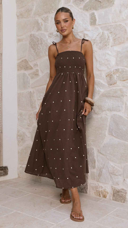 Polka Dot Printing Slip Dress Summer Tied High Waist Dress Women Dress