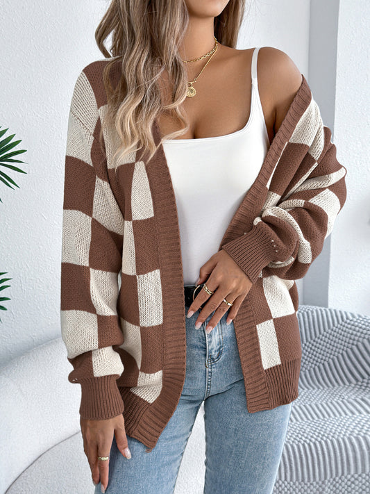 Autumn Winter Contrast Color Plaid Lantern Sleeve Cardigan Sweater Mid Length Coat Women Clothing - Iyanka