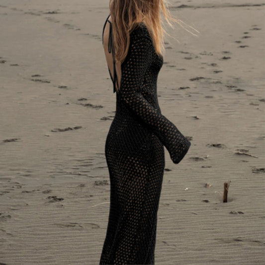 Holiday Front Long Hollow Out Cutout Metal Buckle V neck Long Sleeve Dress Beach Sun Protection Backless Smock Dress - Iyanka