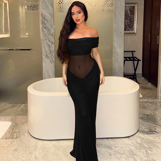 Mesh Stitching Maxi Dress Summer Sexy off Shoulder Pleated Slim Dress