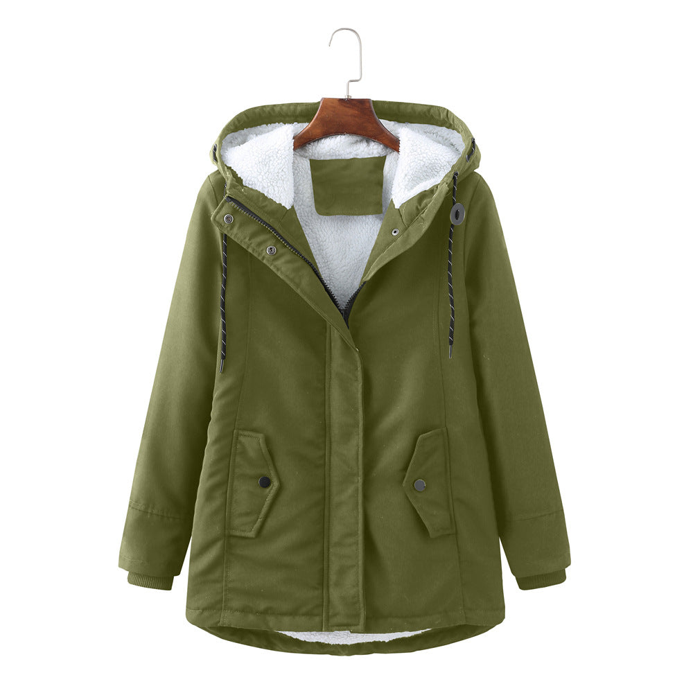 Ladies Hooded Lambswool Parka Winter Warm Waist Women Cotton-Padded Coat - Iyanka