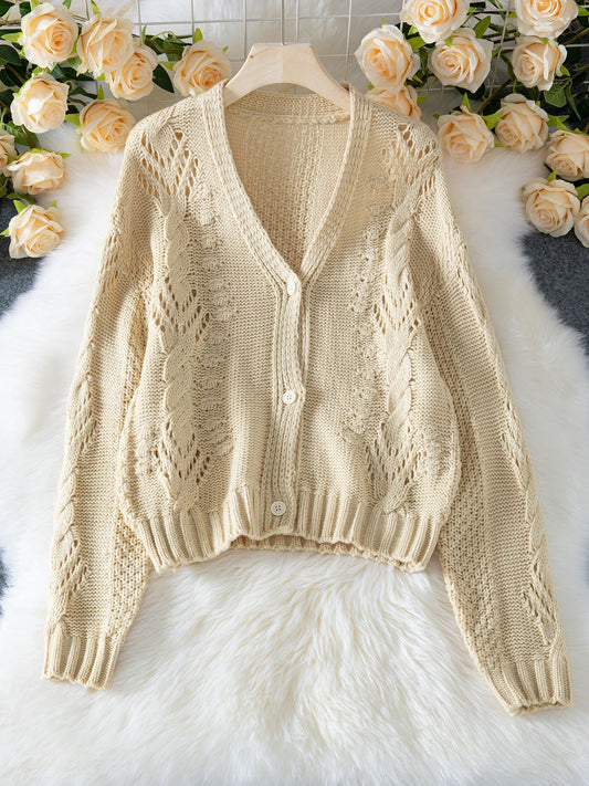 Autumn Winter Cardigan Long Sleeved Button Loose Crochet Hollow Out Cutout out Sweater Women - Iyanka
