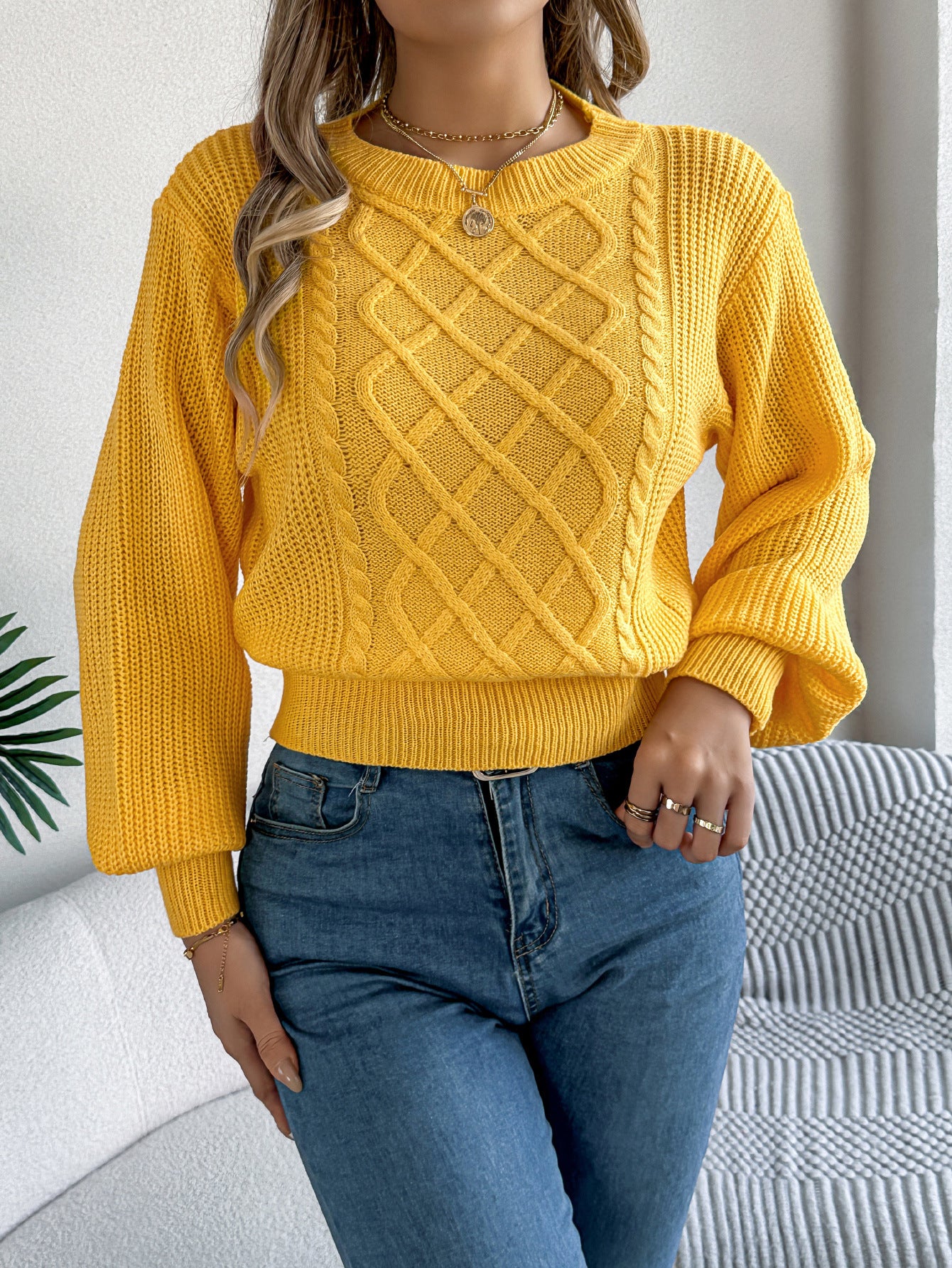 Autumn Winter Solid Color Twist Lantern Long Sleeve Waist Tight Pullover Women Clothing - Iyanka