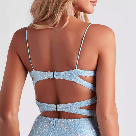 Flashing Sequ Sling Mini Dress Sexy Hip Bag Slim Fit Backless Tube Top Short - Iyanka