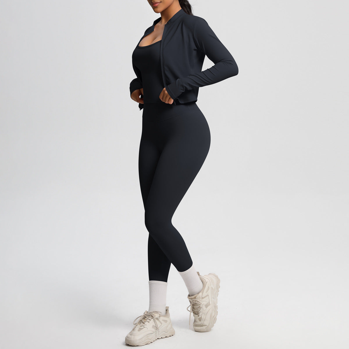 Skinny Yoga Pants High Waist Nude Feel Camisole Sports Zip Long Sleeve Coat Workout Clothes Three Piece Set - Iyanka