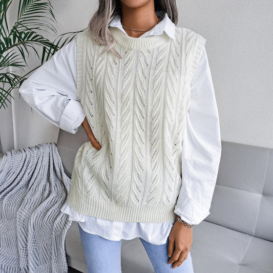 Autumn Winter round Neck Hollow Out Cutout Leaves Casual Knitted Vest Sweater Women Clothing - Iyanka