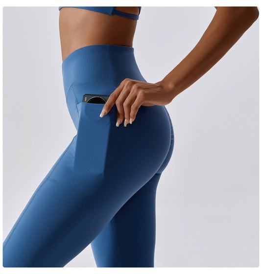 Nude Feel Yoga Pants Hip Lifting Pocket Quick Drying Fitness Pants Criss Cross Waist Head Skinny Running Sports Pants Women - Iyanka