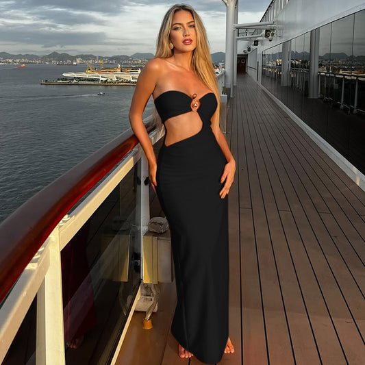 Summer Metal Decoration Stitching Hollow Out Cutout out Dress Sexy Slim Tube Top Dress Women
