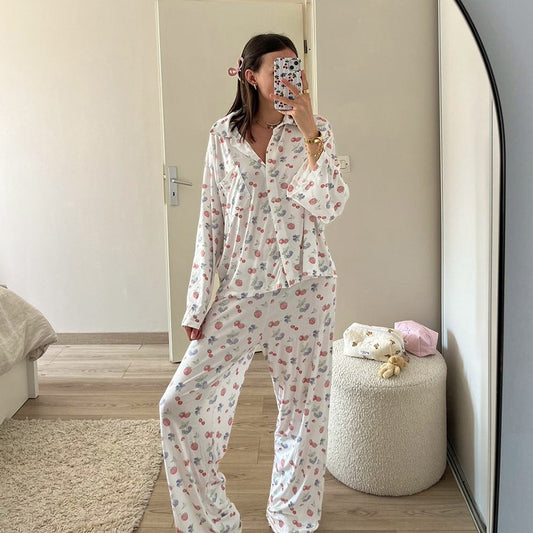 Autumn Knitted Cardigan Heart Printing Pajamas Two Piece Set Casual Comfortable Ladies Homewear - Iyanka
