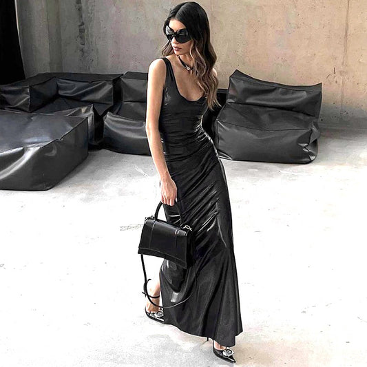 Women Clothing Winter U Collar Solid Color Split Vest Dress - Iyanka