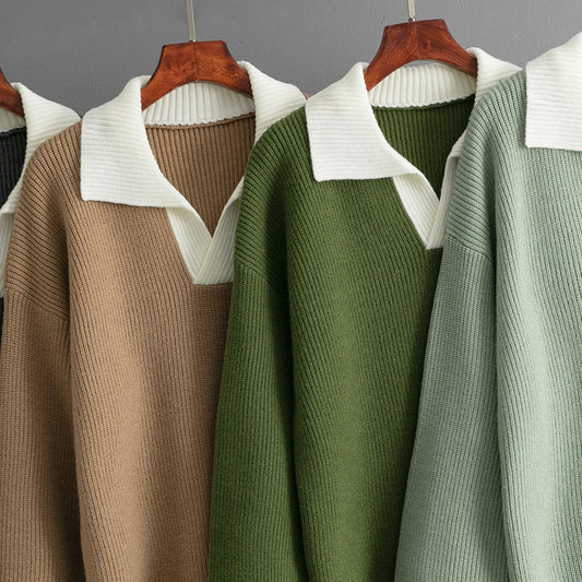 Autumn Winter Knitted Top Women Color Matching Polo Collar Loose Pullover Sweater Outerwear Sweater - Iyanka