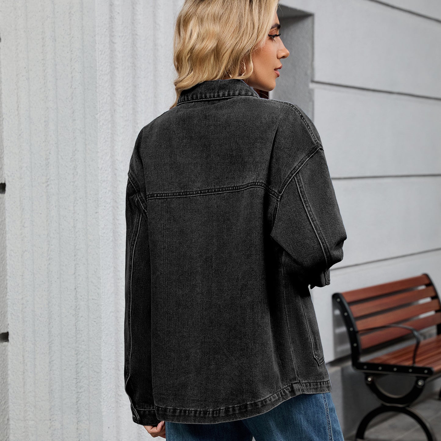 Women Clothing Retro Loose Casual Long Sleeve Coat Early Autumn Polo Collar Denim Coat - Iyanka