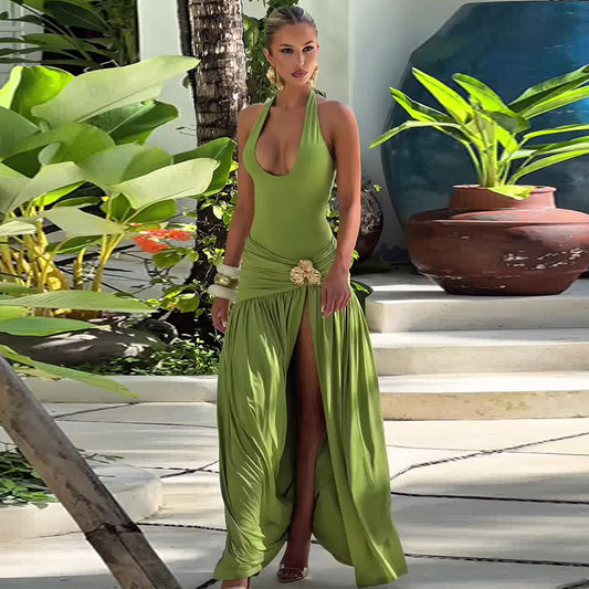 Summer Stitching Ribbon Ruffled Slim Street Mid Solid Color Two Piece Sets - Iyanka
