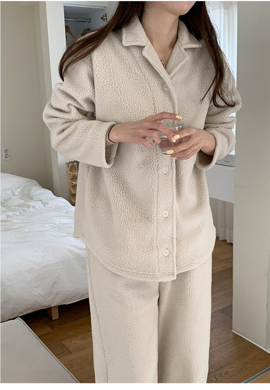 Korean Autumn Winter Lamb Wool Home Wear Suit High Grade Collared Cardigan Teddy Plush Thick Thermal Pajamas - Iyanka