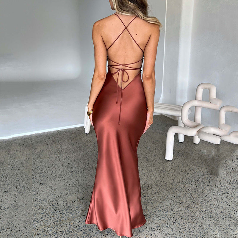 Women Clothing Sexy Strap Satin Dress Autumn Backless Lace up Waist Controlled Maxi Dress - Iyanka