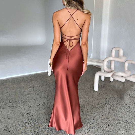 Women Clothing Sexy Strap Satin Dress Autumn Backless Lace up Waist Controlled Maxi Dress - Iyanka