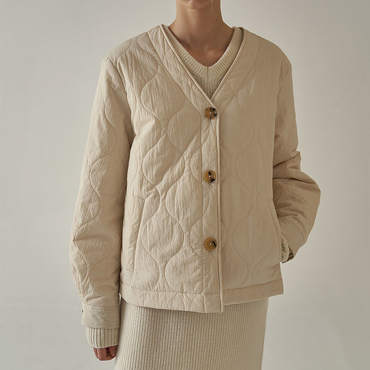Cotton-Padded Coat Women Wave Pattern Design Quilted Short Thickened Lightweight Cotton Jacket Coat Slimming Bread Coat - Iyanka