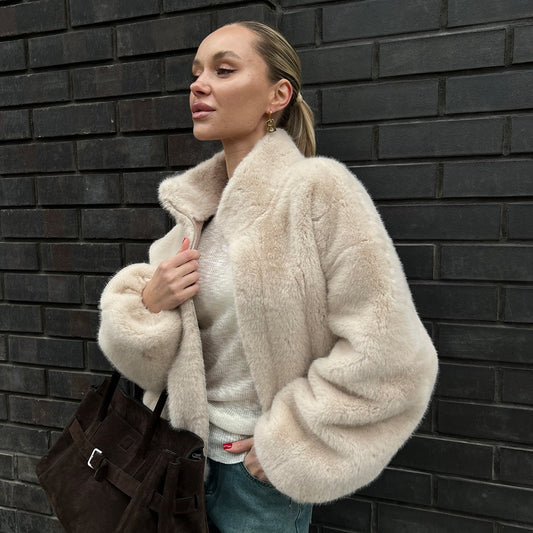 Stand Collar Plush Coat Autumn Winter with Zipper Furry Coat Warm Plush Coat for Women - Iyanka
