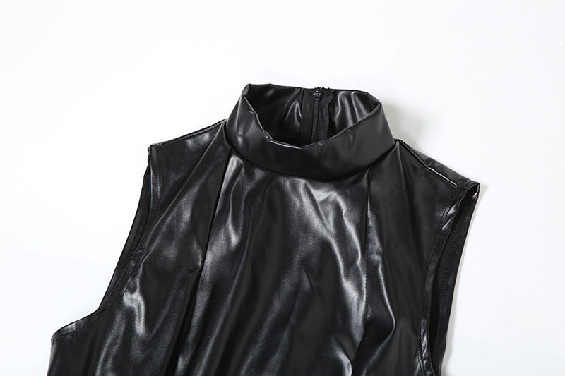 Women Clothing Autumn Winter Personality Turtleneck Slim Sleeveless Solid Color Faux Leather Dress Women - Iyanka