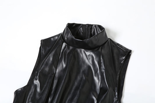 Women Clothing Autumn Winter Personality Turtleneck Slim Sleeveless Solid Color Faux Leather Dress Women - Iyanka