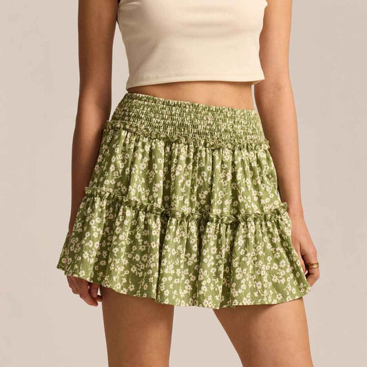 Floral Skirt Pants Lined A line Skirt High Quality Smocking Tight Waist Elastic Culottes