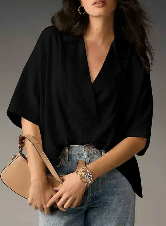 Women’s Summer Short Sleeve Collared Casual Loose Top – Solid Shirt