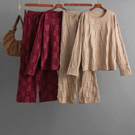 Square Plaid Knitting Women Autumn Winter Loose Fitting Oversized Sweater Casual Wide Leg Pants Two Piece Set - Iyanka