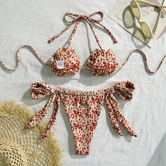 Leopard Print Floral Sexy Drawstring Strap Split Swimsuit Swimwear Bikini - Iyanka