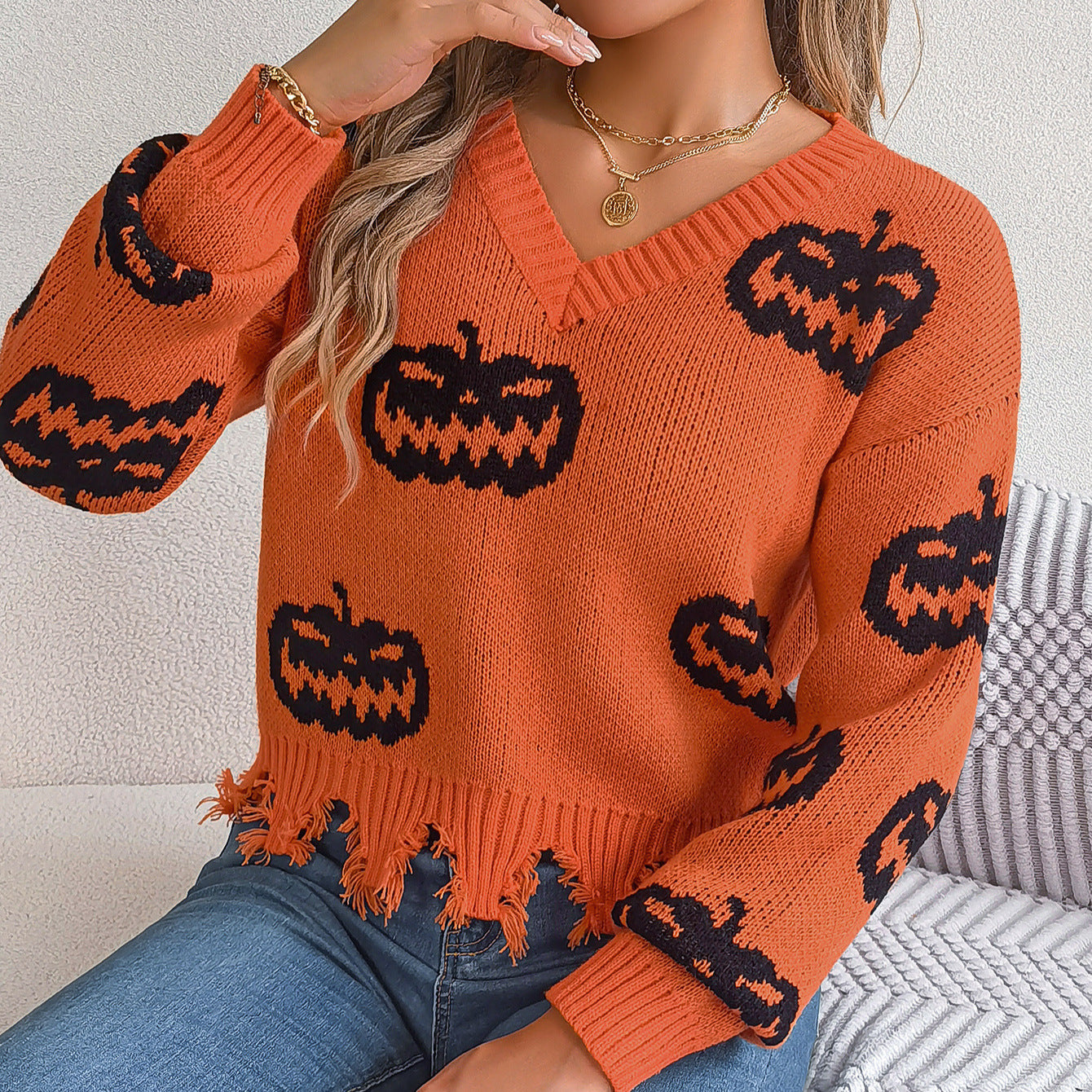 Autumn Winter Halloween Contrast Color Pumpkin Cut Rotten Long Sleeve Pullover Women Clothing - Iyanka