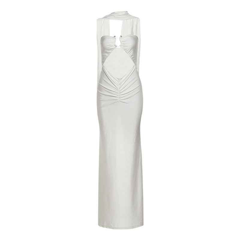 Summer Women Clothing High Class Elegant Solid Color Slim Hollow Out Cutout-out Tube Top Scarf Collar Dress