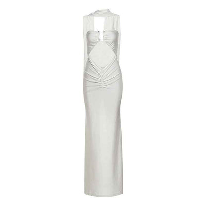 Summer Women Clothing High Class Elegant Solid Color Slim Hollow Out Cutout-out Tube Top Scarf Collar Dress