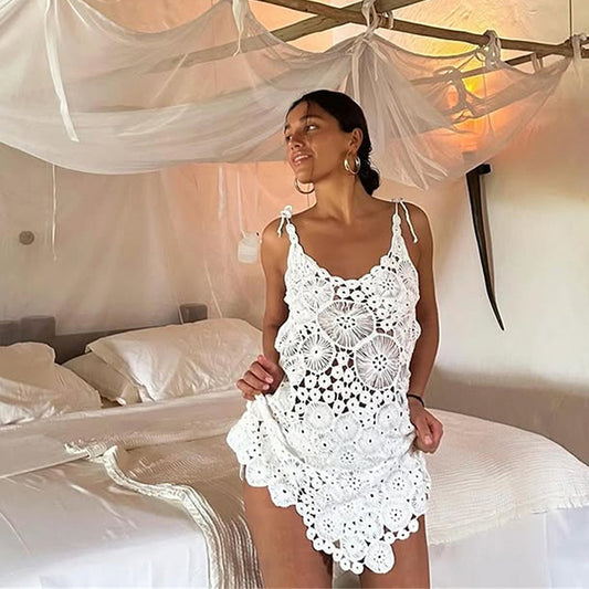 Summer Sexy Lace Cutout Solid Color Crochet Beach Cover up Dress Women - Iyanka